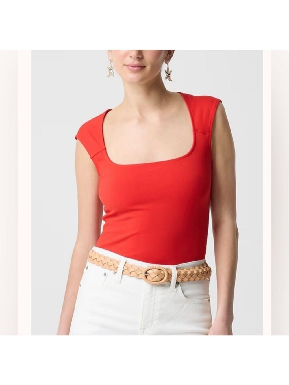 NWT J. Crew Red Cap Sleeve Stretch Cotton-Blend Squareneck Tank Top - Medium